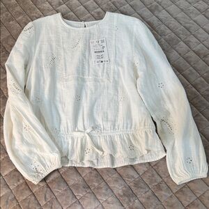 Zara Kids Lightweight White Eyelet Peplum Tie-Waist Blouse